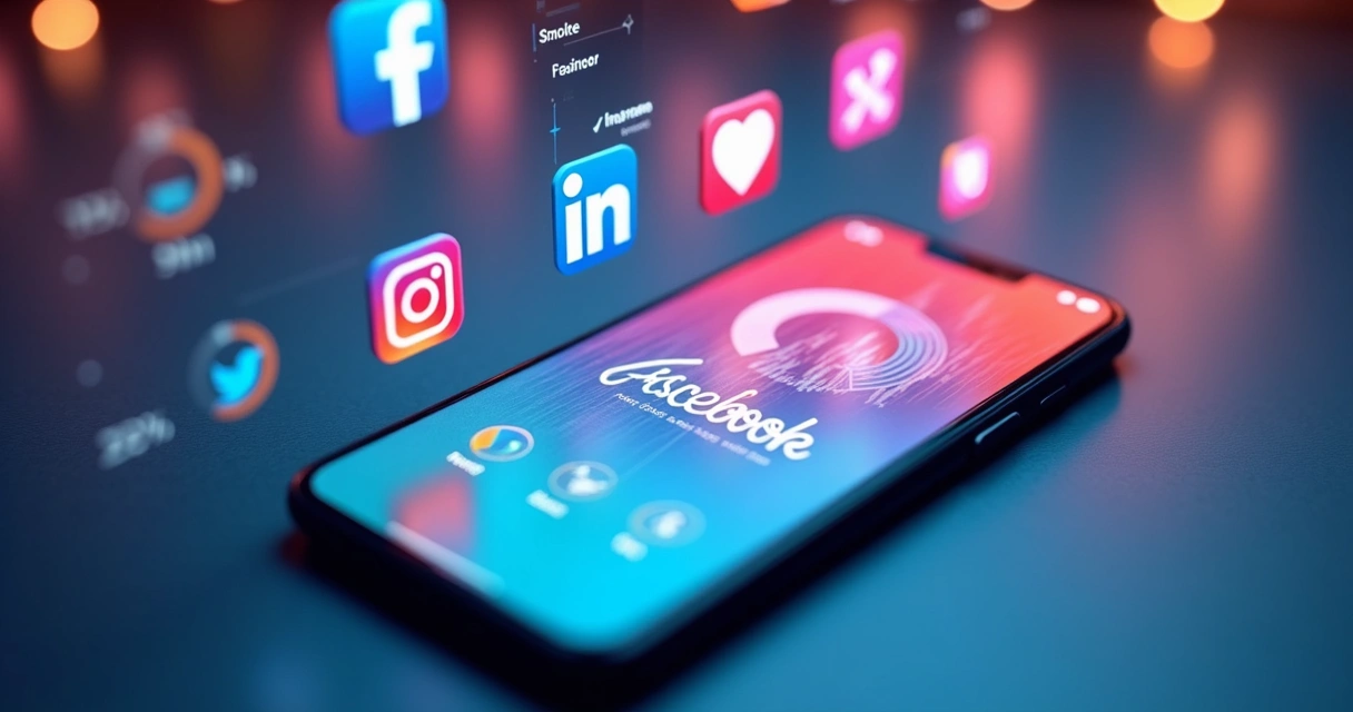Smartphone exibindo apps de redes sociais e gráficos de engajamento 