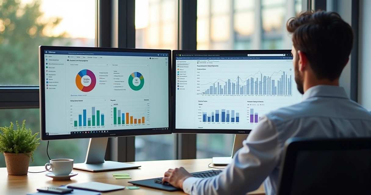 Pessoa analisando gráficos de marketing digital em dois monitores