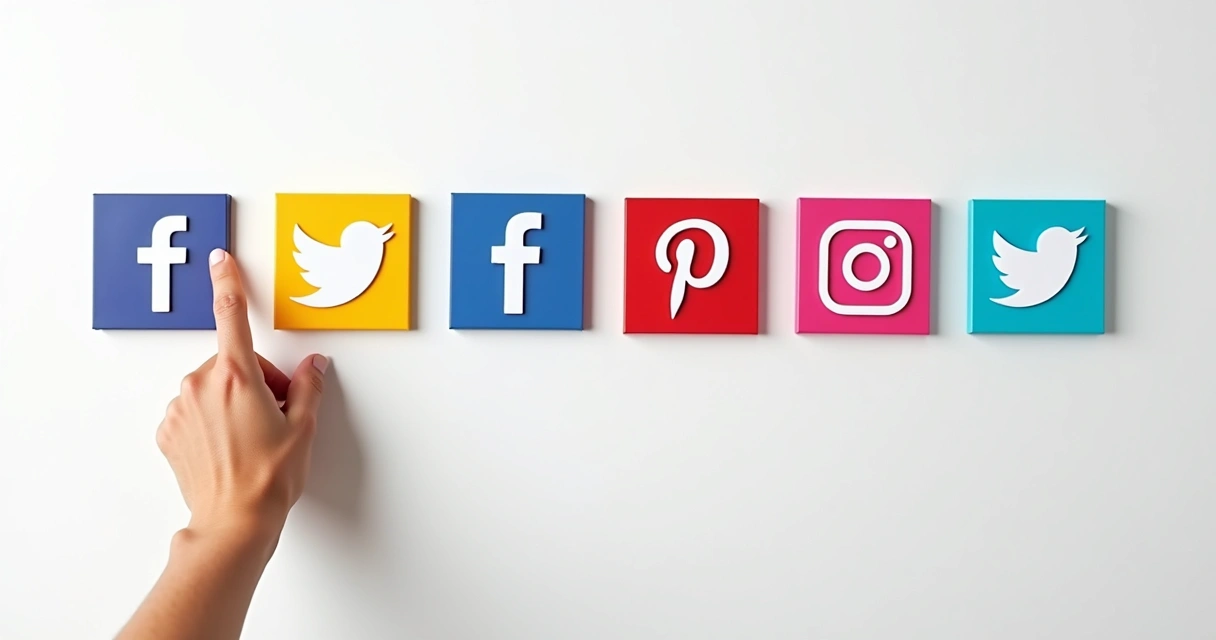 Logotipos de várias redes sociais em parede branca com mão escolhendo um deles 