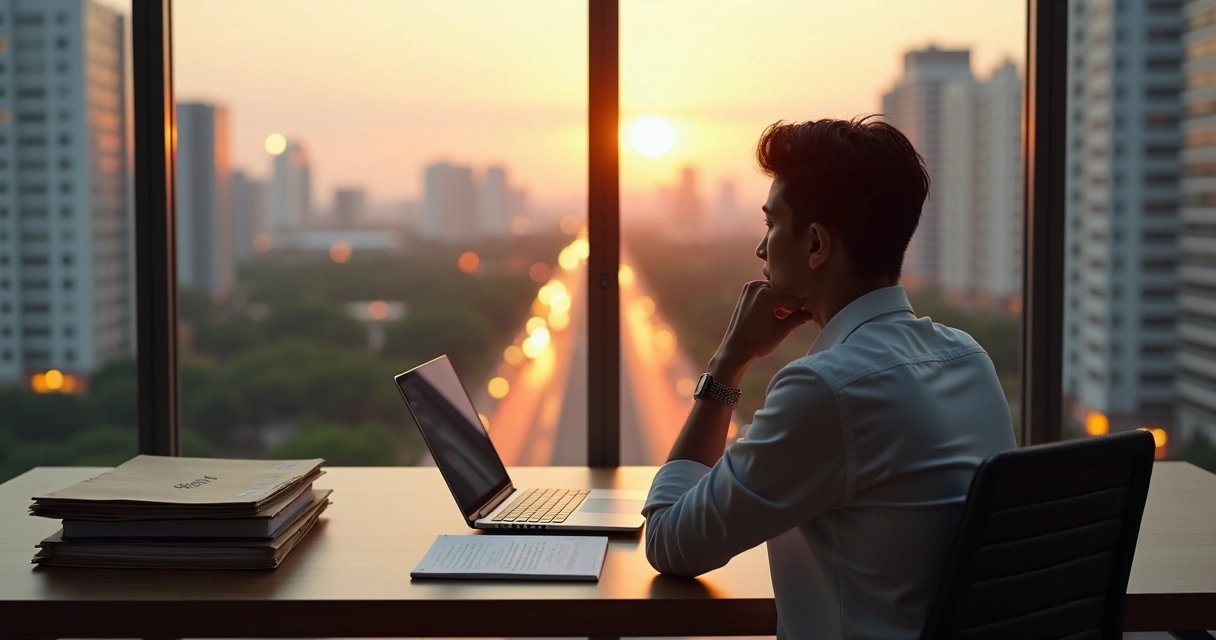 Profissional sentado diante de duas estradas avaliando escolhas de carreira 