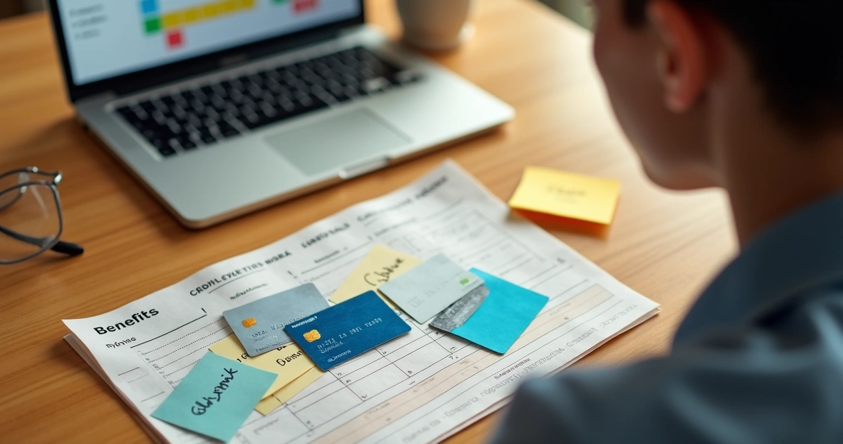 Pessoa analisando diferentes cartões na mesa com planilha ao lado 