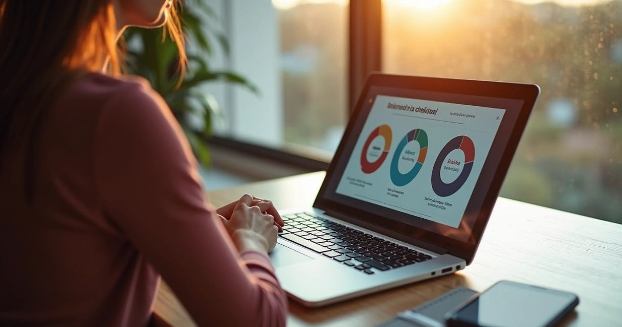 Pessoa pesquisando cartões e comparando na mesa 