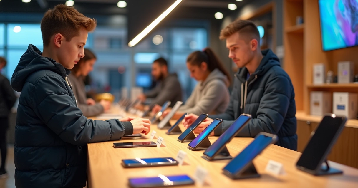 Pessoa avaliando smartphones no balcão