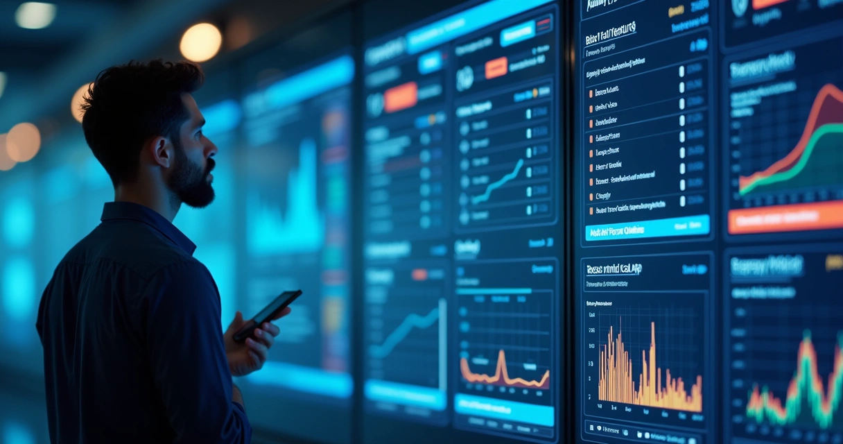 Homem analisando opções em um painel digital de APIs fiscais