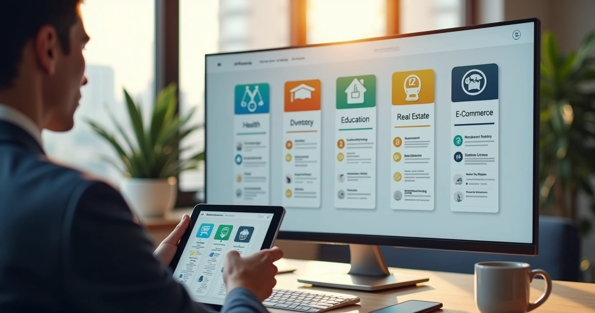 Profissional avaliando painéis de chatbots para diferentes setores no monitor 