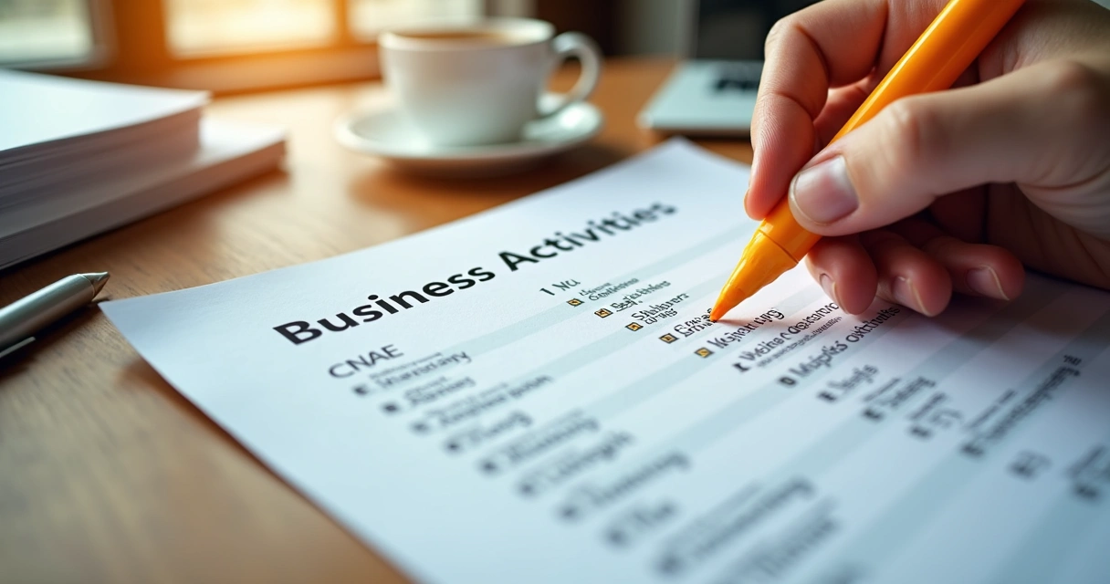 Dedo indicando um código CNAE em uma lista de atividades 