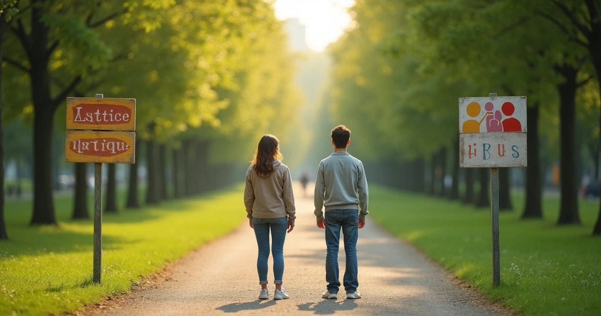 Pessoa refletindo diante de dois caminhos que simbolizam valores e aprovação 