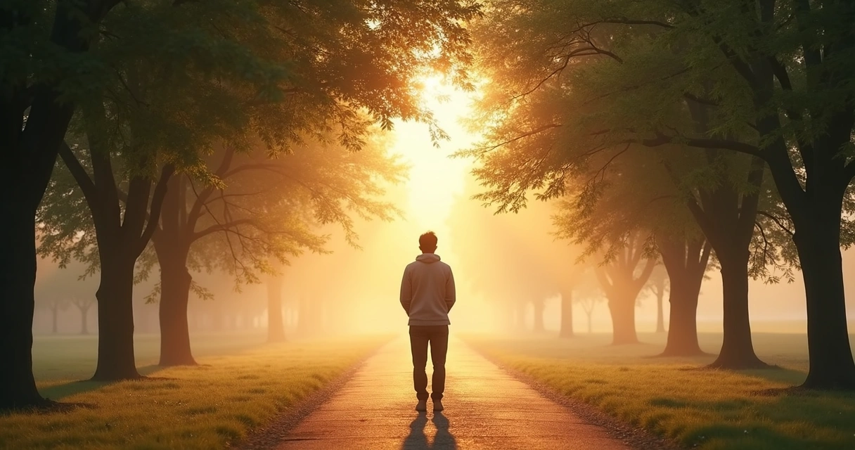 Pessoa diante de dois caminhos em parque ao amanhecer