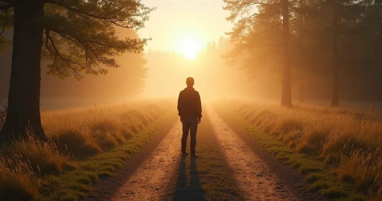 Caminho dividido em dois diante de uma pessoa em pé ao amanhecer 
