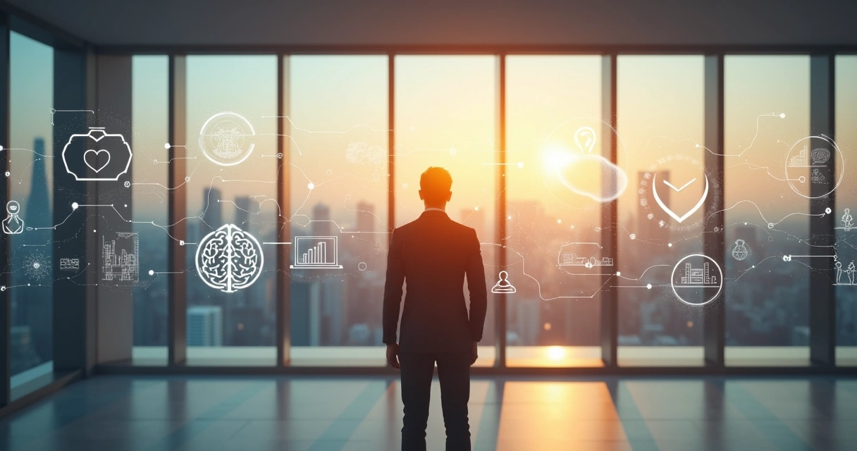 Pessoa em encruzilhada analisando caminhos de carreira em painel futurista 