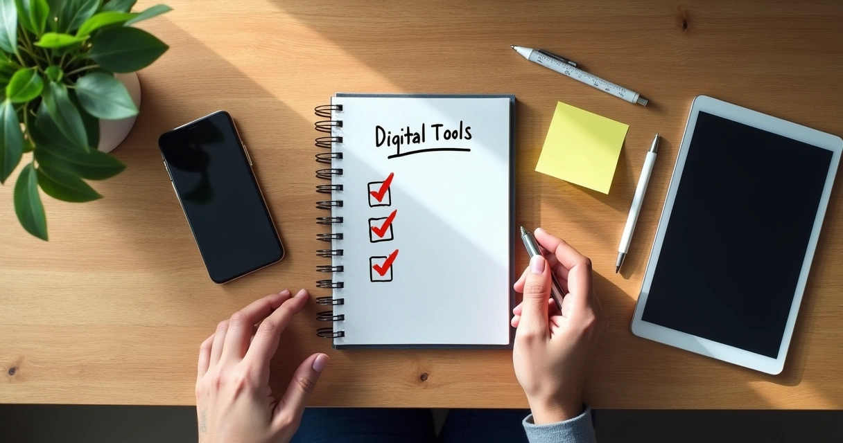 Mãos avaliando dispositivos digitais sobre uma mesa 