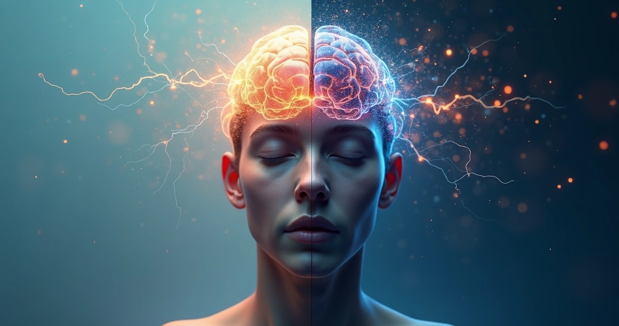 Cérebro humano dividido entre fluxo consciente calmo e padrões automáticos caóticos 