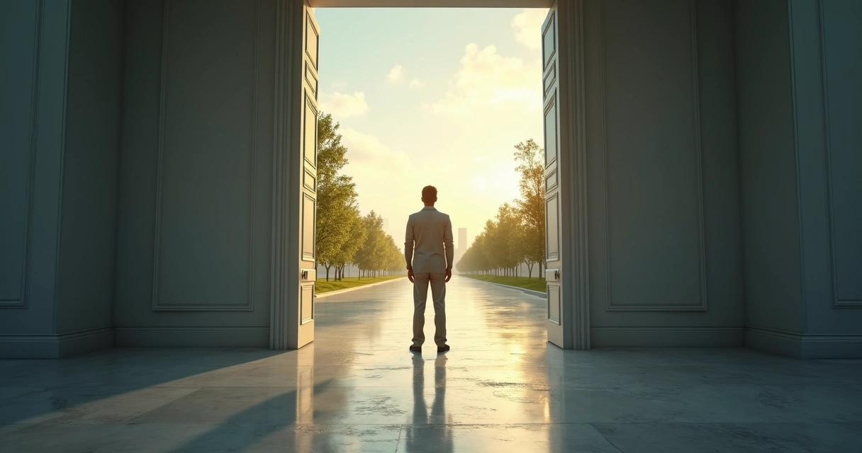 Pessoa diante de duas portas simbolizando escolha consciente e armadilhas do ego 