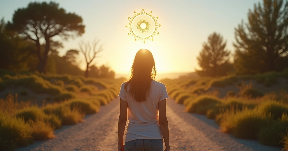Pessoa em encruzilhada fazendo escolha consciente em paisagem serena 