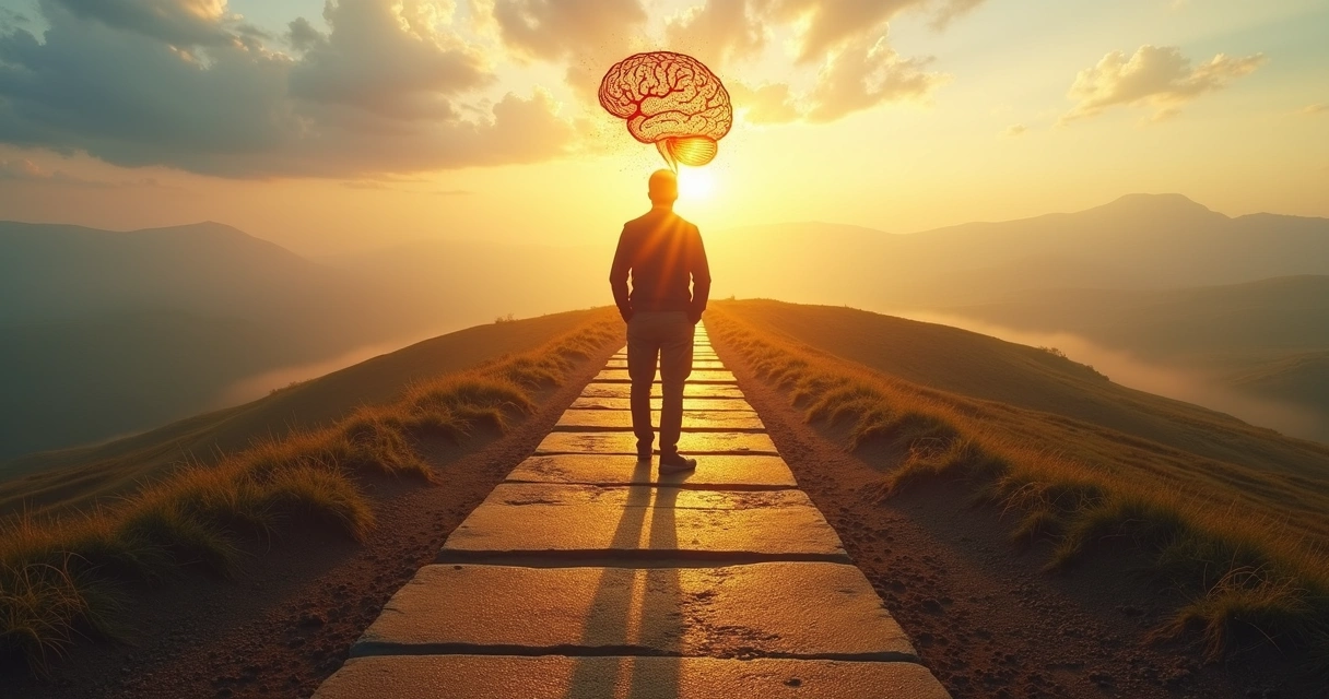 Pessoa em encruzilhada com múltiplos caminhos simbolizando escolhas conscientes 