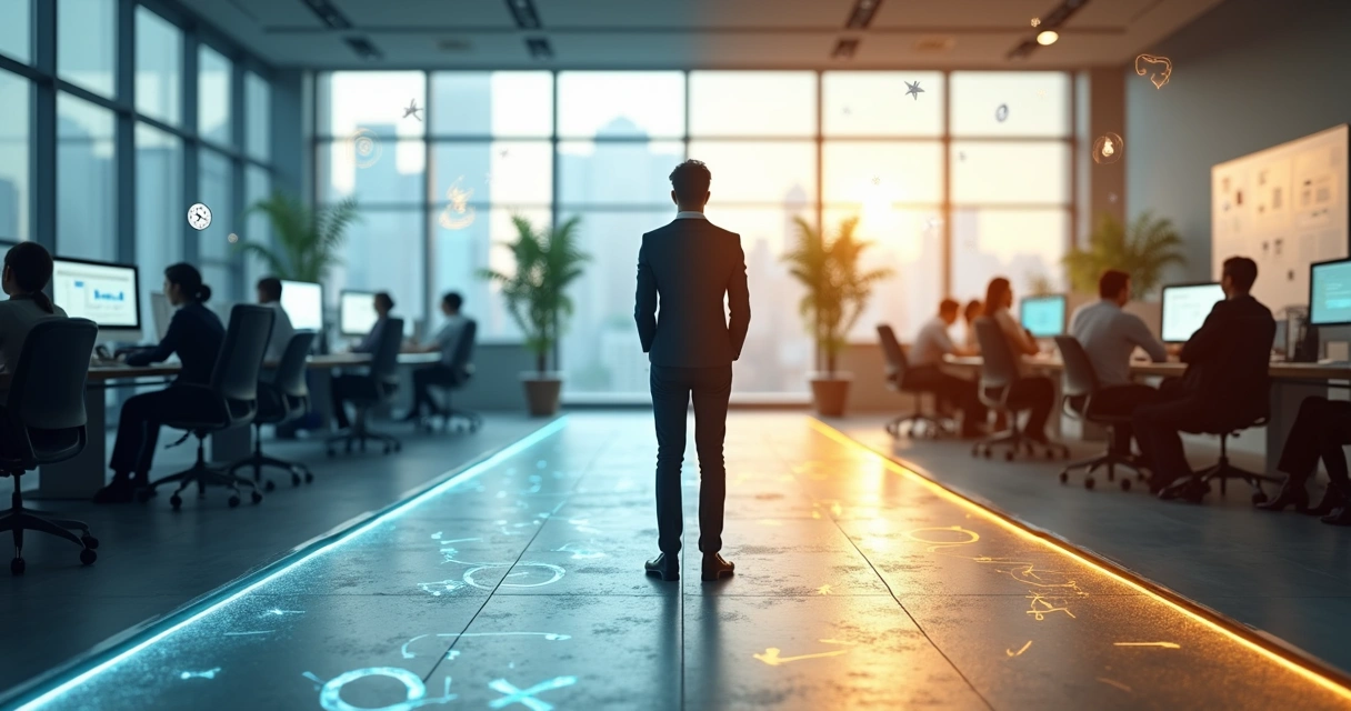 Profissional diante de duas opções de caminho no ambiente de trabalho 