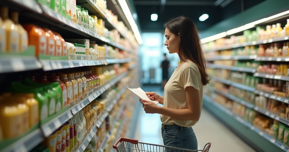 Pessoa comparando produtos em prateleira com lista de compras