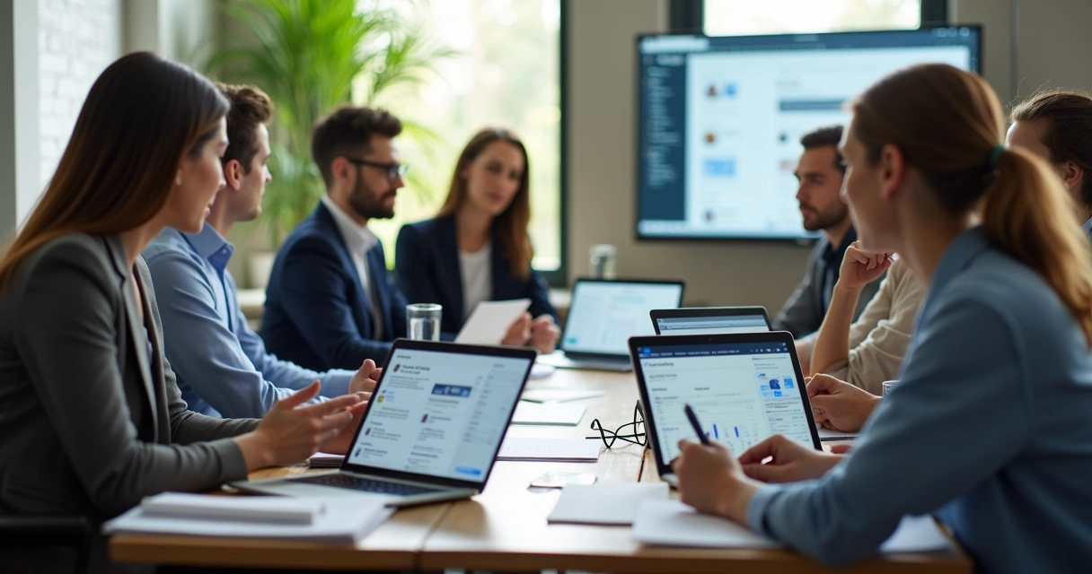 Empresários analisando perfis de consultorias financeiras, documentos e currículos sobre mesa 