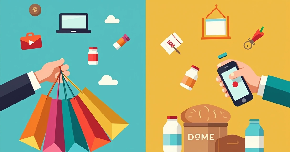 Divisão ilustrada entre desejo e necessidade em consumo 