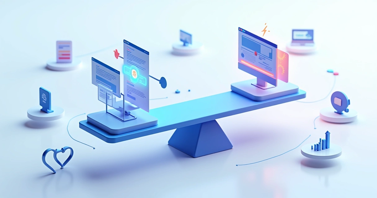 Balança digital comparando criadores de sites com ícones de recursos em 2026 