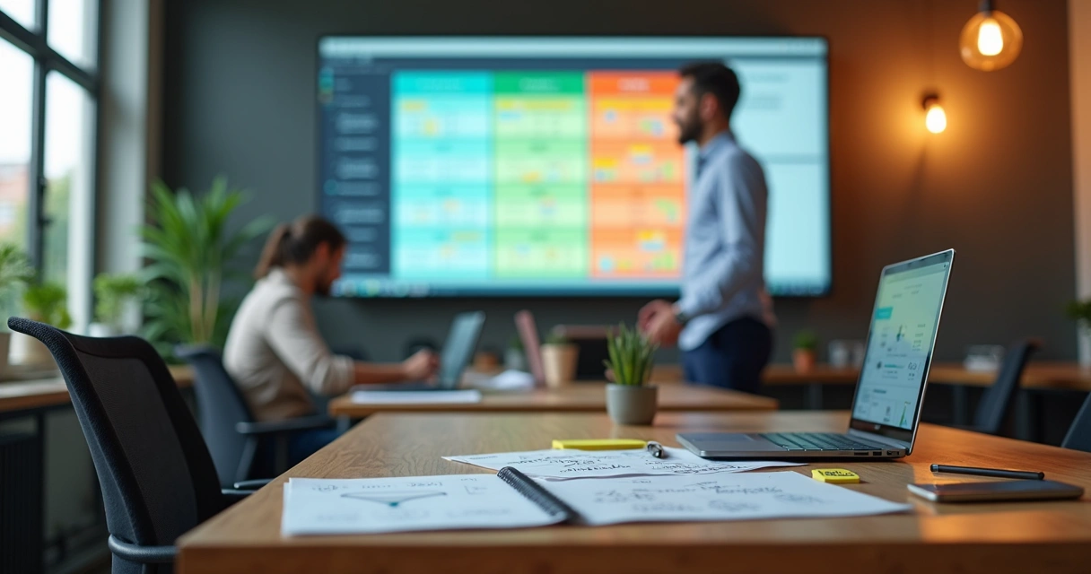 Manager evaluating a comparative matrix of B2B CRMs on a colorful dashboard