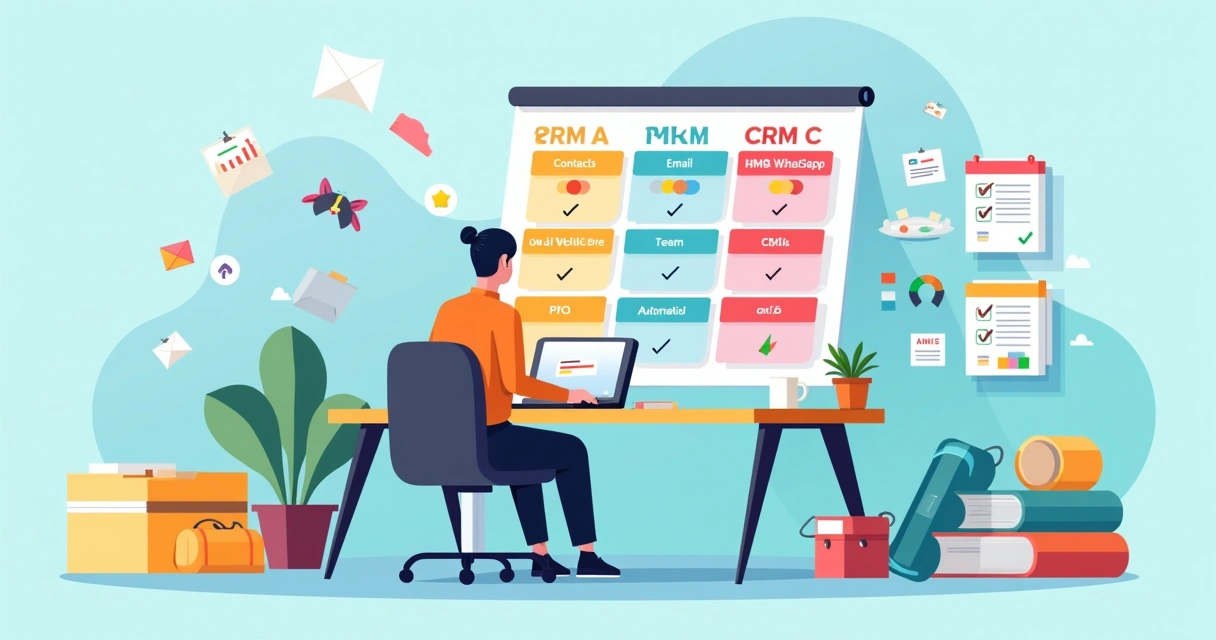 Pequeno empreendedor comparando diferentes CRMs gratuitos em painel colorido