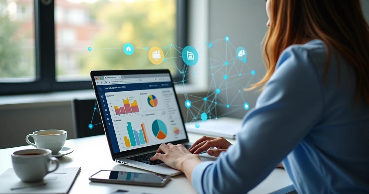 Pessoa analisando gráficos e dados de CRM em notebook, com elementos de tecnologia ao fundo 