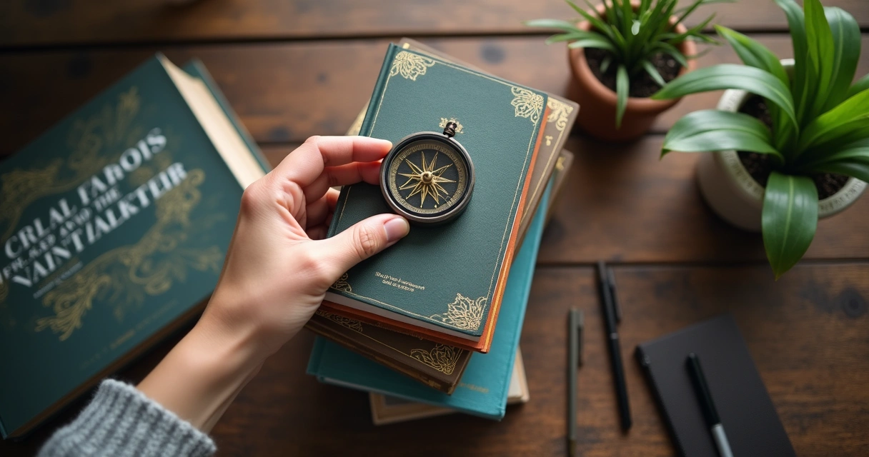 Pessoa segurando bússola sobre livros de carreira 