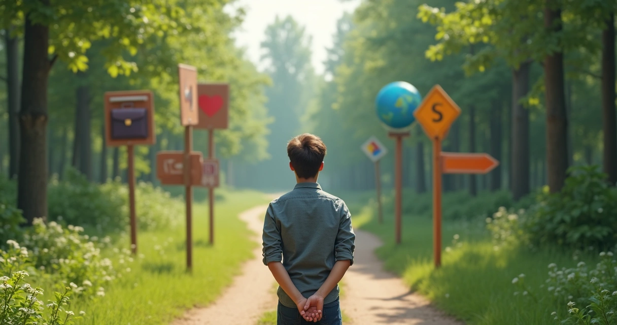 Pessoa escolhendo entre vários caminhos de carreira em uma trilha arborizada 