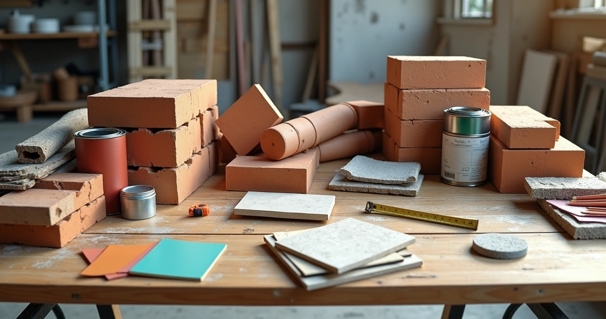Materiais de construção organizados em bancada 