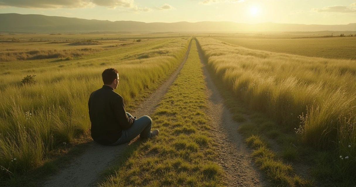 Pessoa sentada em uma encruzilhada olhando para dois caminhos opostos 