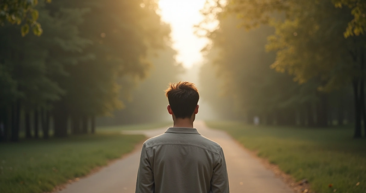 Pessoa olhando para dois caminhos divergentes. 