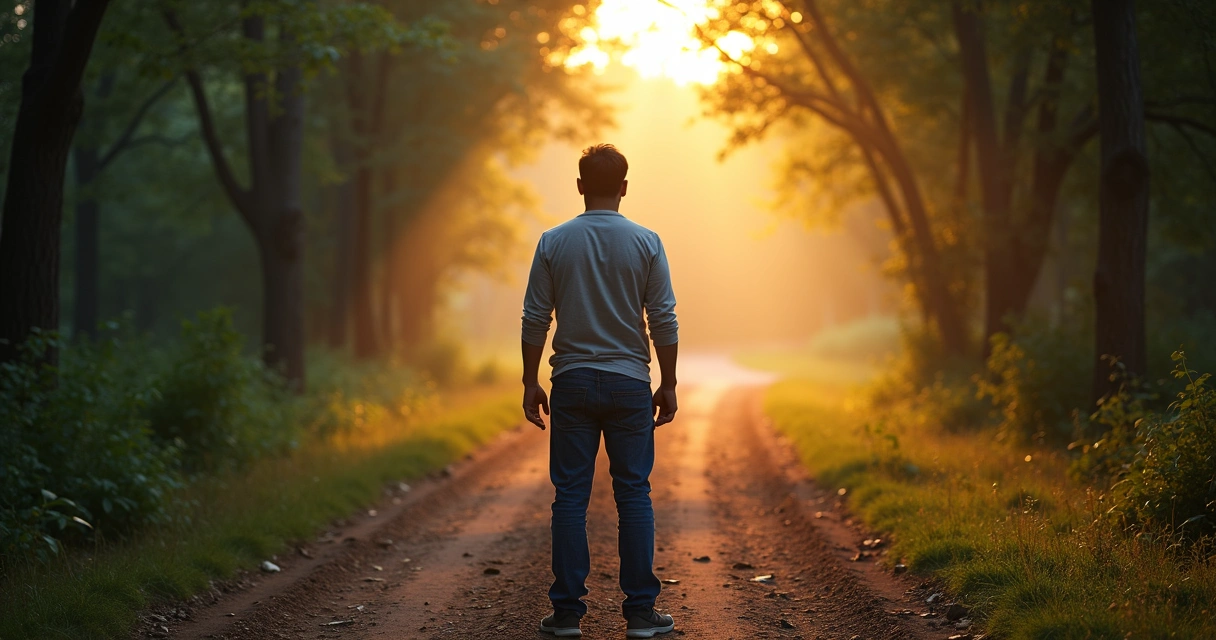 Pessoa em pé em encruzilhada equilibrando-se com serenidade 