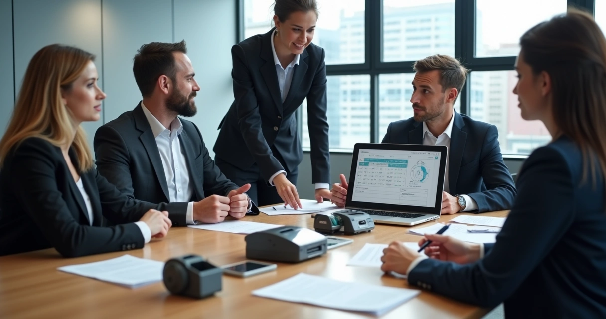 Mesa de reunião com dispositivos de controle de ponto e pessoas escolhendo registro 