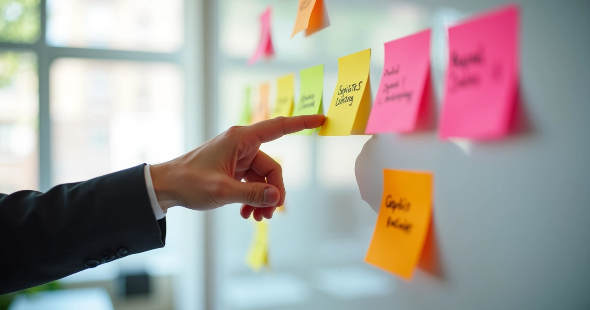 Quadro branco com ideias de nichos escritos em post-its coloridos 