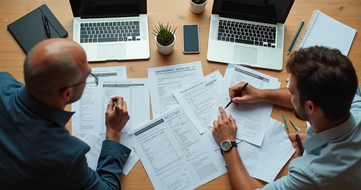 Dois empresários analisando tabelas para escolha do regime tributário