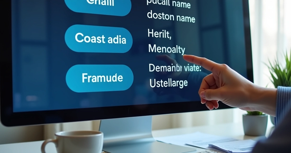 Pessoa analisando nomes de domínio em tela de computador 