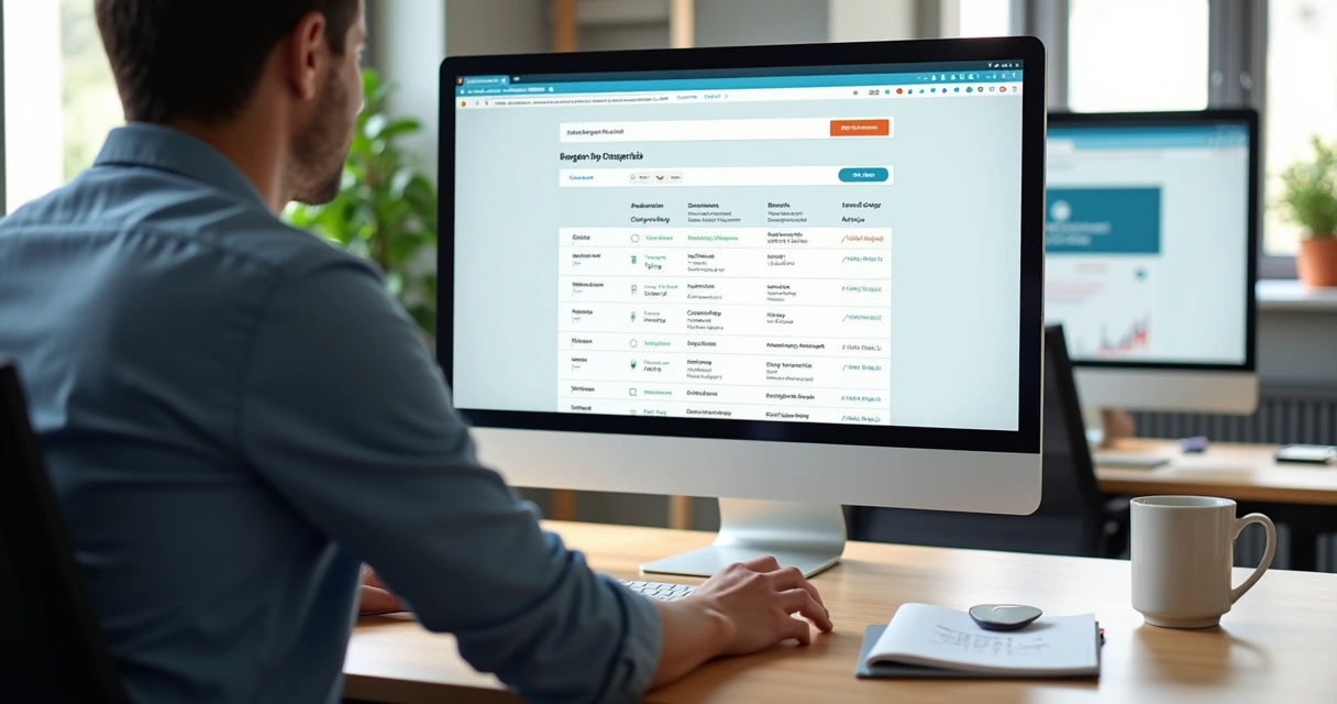 Empresário escolhendo domínio personalizado para blog em tela de computador 