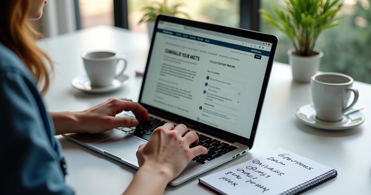 Pessoa digitando opções de nome de domínio em teclado de notebook 