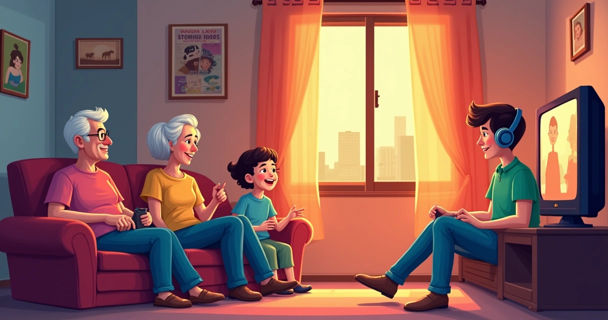 Pessoa com dois lados, um assistindo filme antigo legendado e outro dublado 