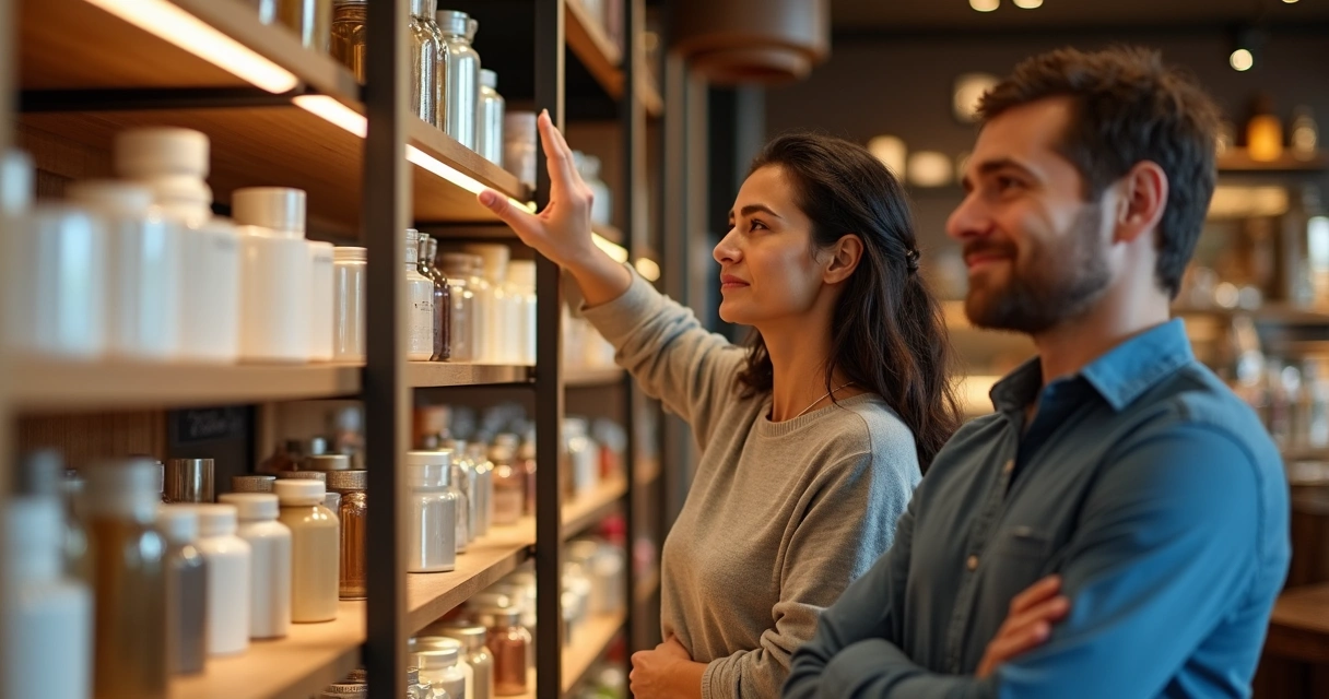 Cena de duas pessoas em uma loja, uma sorrindo ao decidir, outra hesitante diante de produtos 
