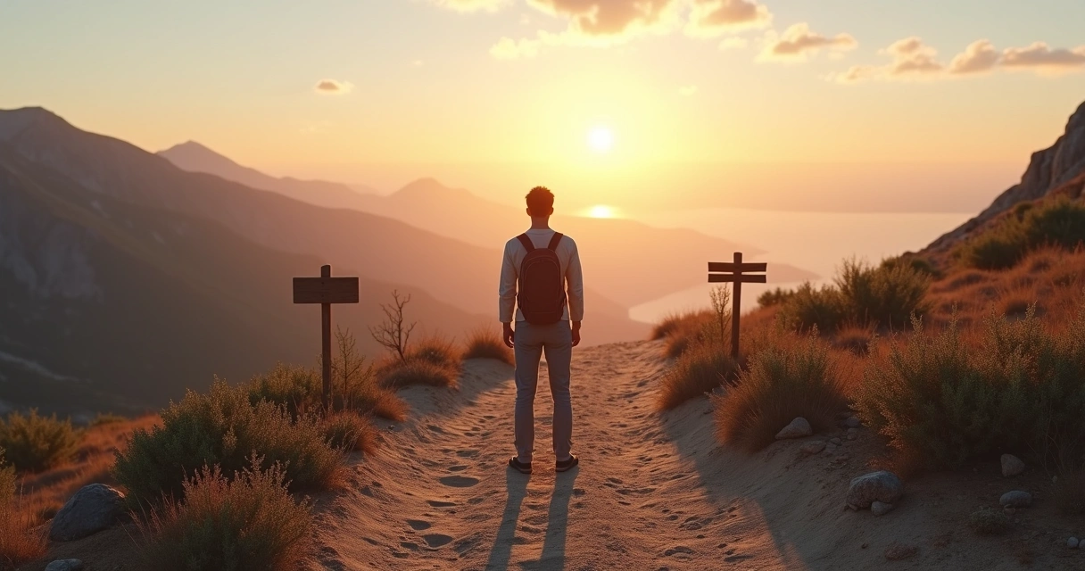 Pessoa em encruzilhada ponderando dois caminhos opostos 