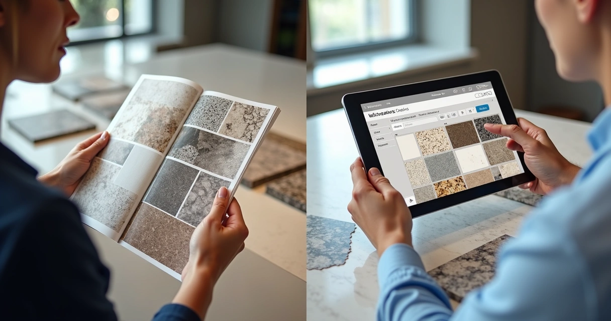 Pessoa segurando um catálogo impresso ao lado de um tablet mostrando catálogo digital de pedras naturais 