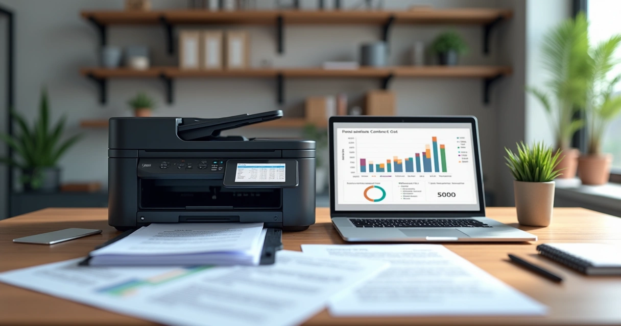 Mesa de escritório com duas áreas, uma com impressora multifuncional em uso e documentos espalhados, outra com contrato mensal e gráfico de custos em destaque 