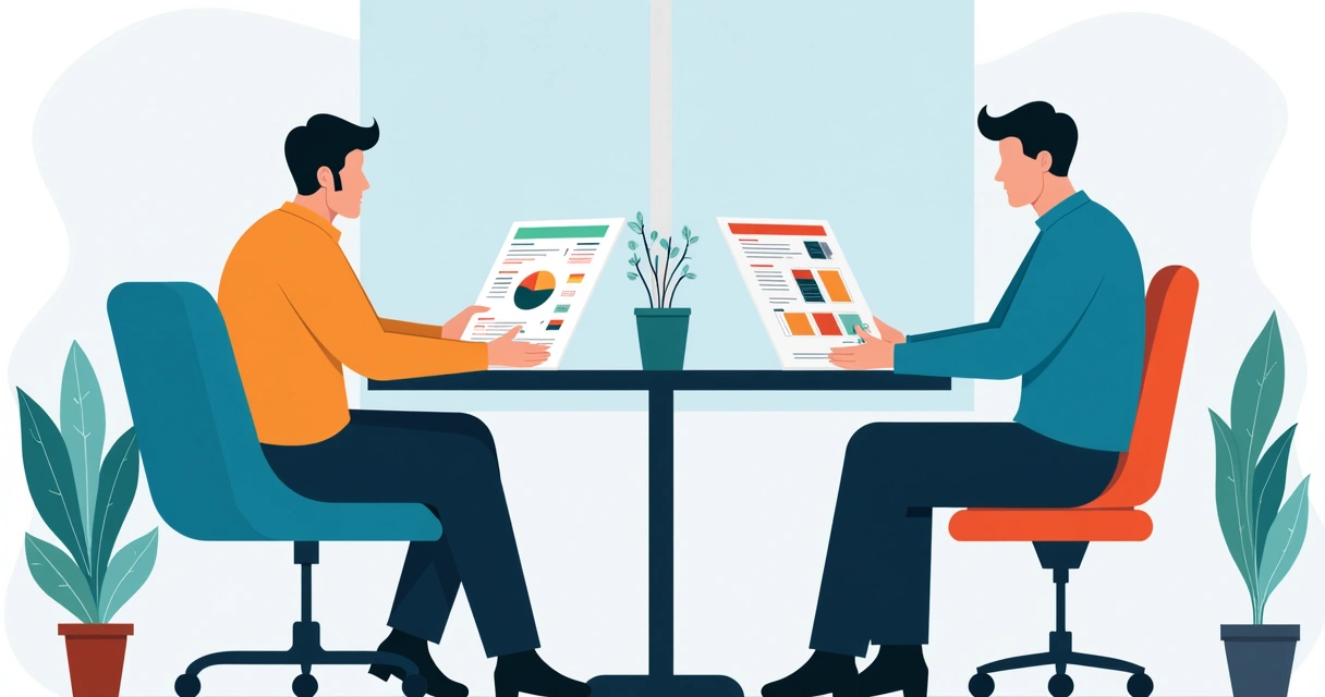 Clientes analisando duas propostas de vendas diferentes, gráficos coloridos sobre a mesa, vendedor aguardando.