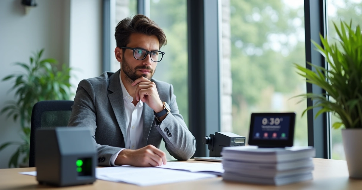 Empresário comparando diferentes tipos de relógios de ponto na mesa 
