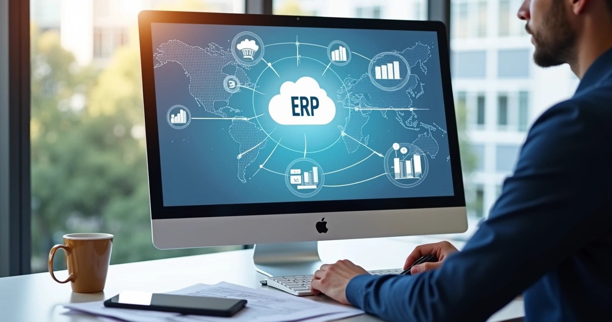 Profissional analisando opções de sistemas ERP no computador com gráficos financeiros e ícones de nuvem 