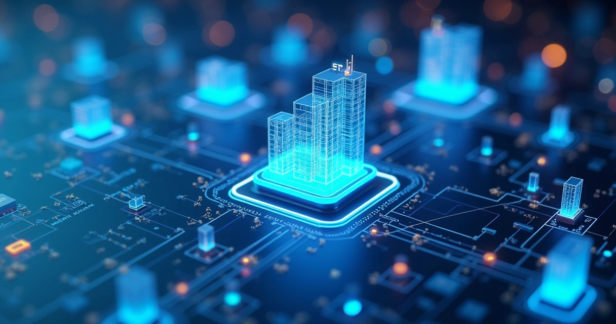 Painel 3D com elementos digitais representando integração de ERP e e-commerce em fundo tecnológico azul 