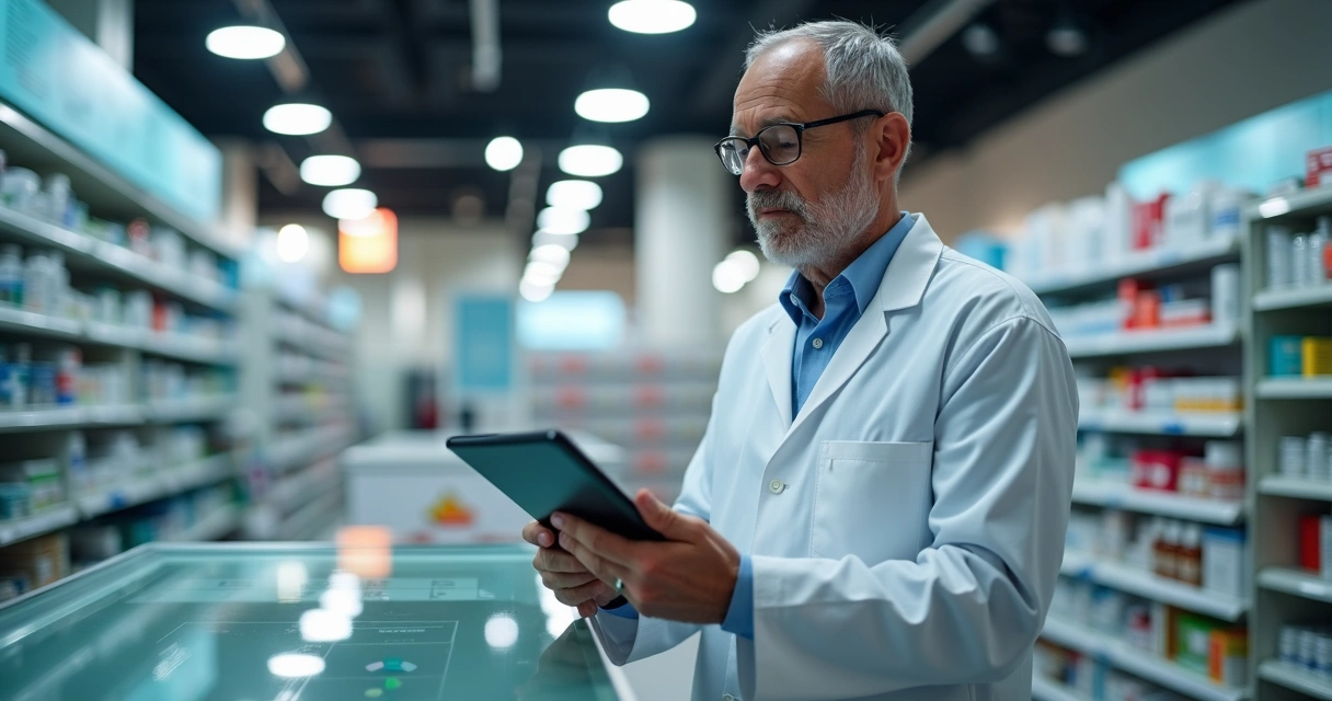 Gestor de farmácia avaliando opções de sistema ERP em tablet. 