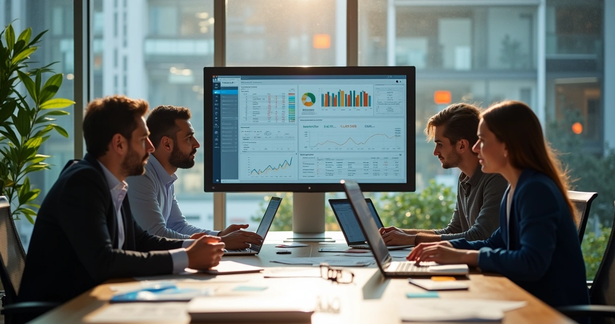 Pessoas analisando tela com diversos sistemas ERP contábeis em discussão 